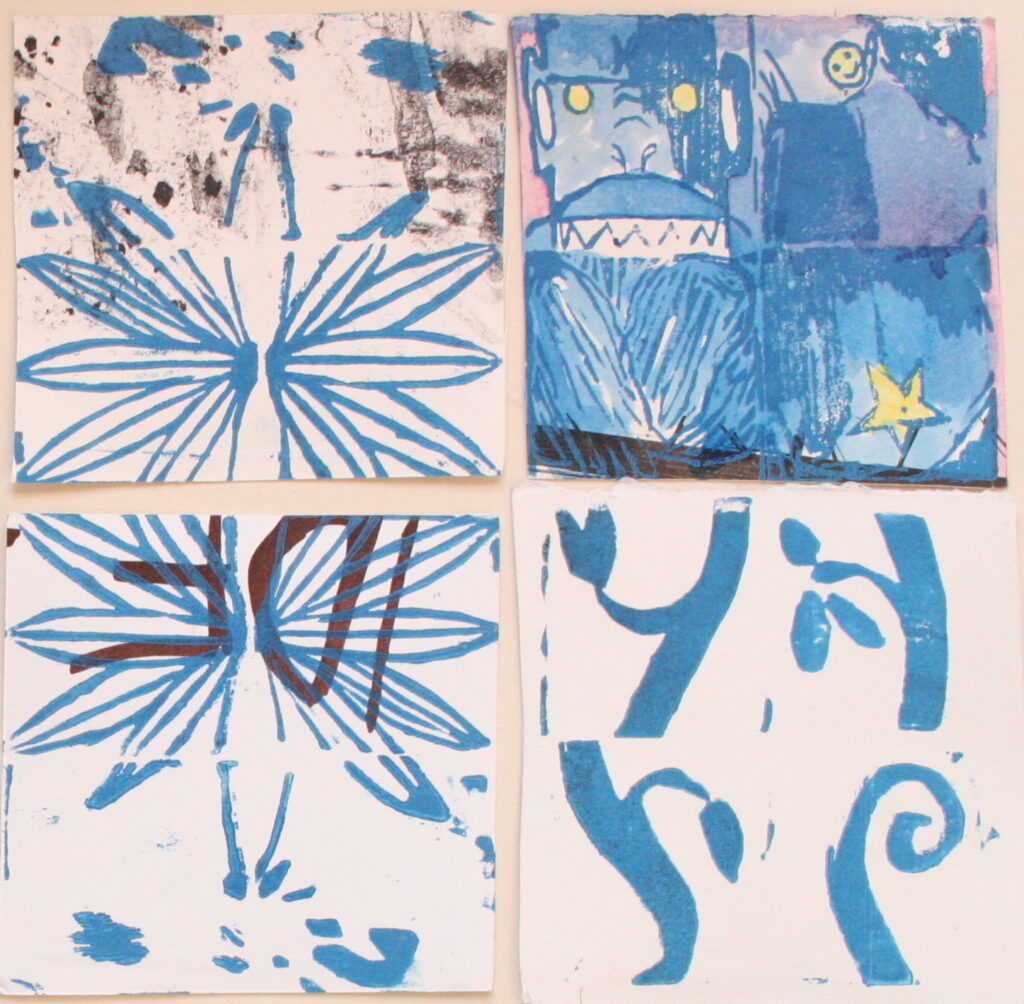 four different woodcuts in blue colour